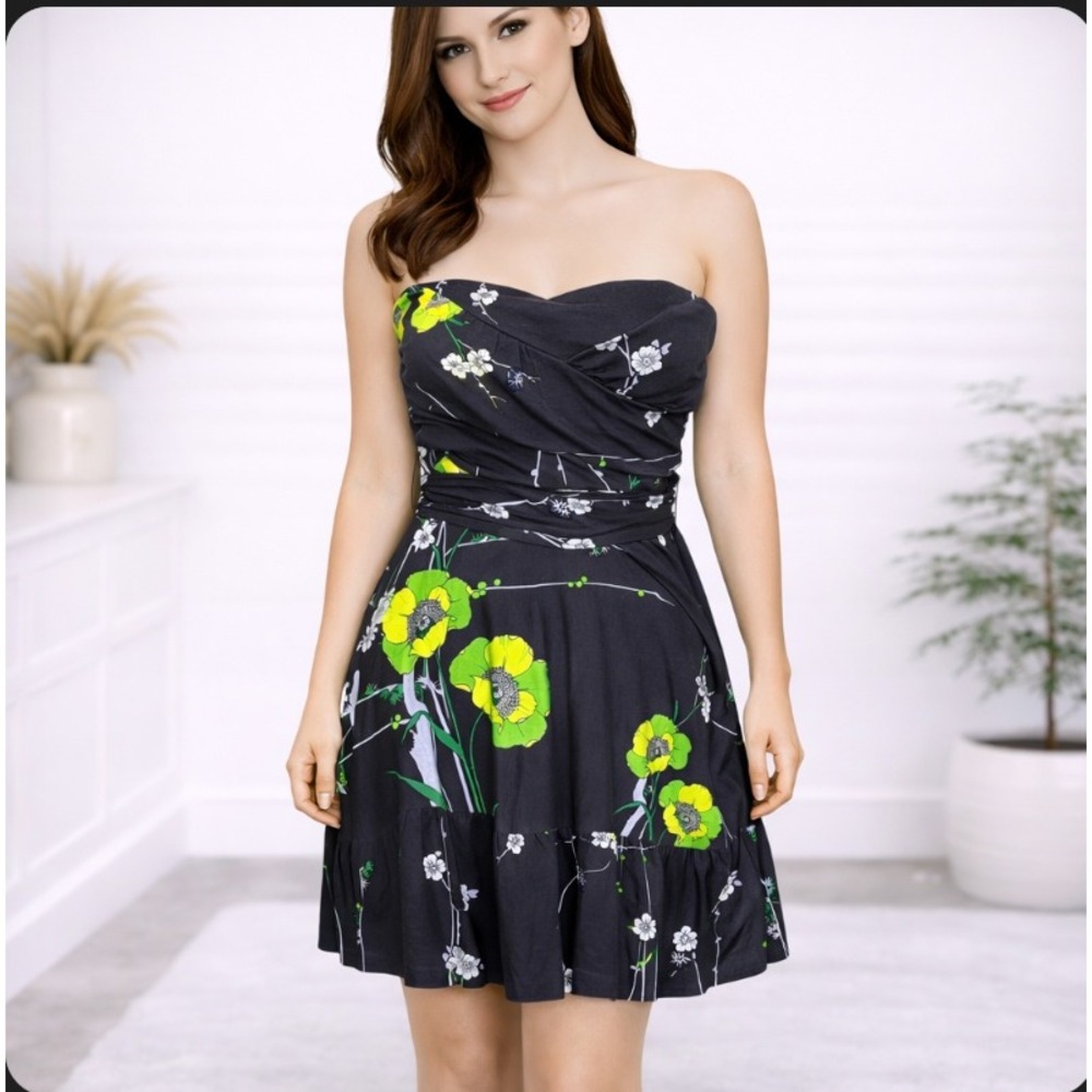 Free People Strapless Mini Dress Small Floral Smocked Belt Boho‎ Cruise Beach